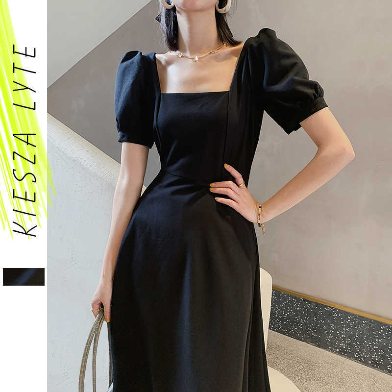 

French Style Women Dress Summer Retro Elegant Square Collar Puff Sleeves A Line Dresses Vintage Ladies Vestidos 210608, Black