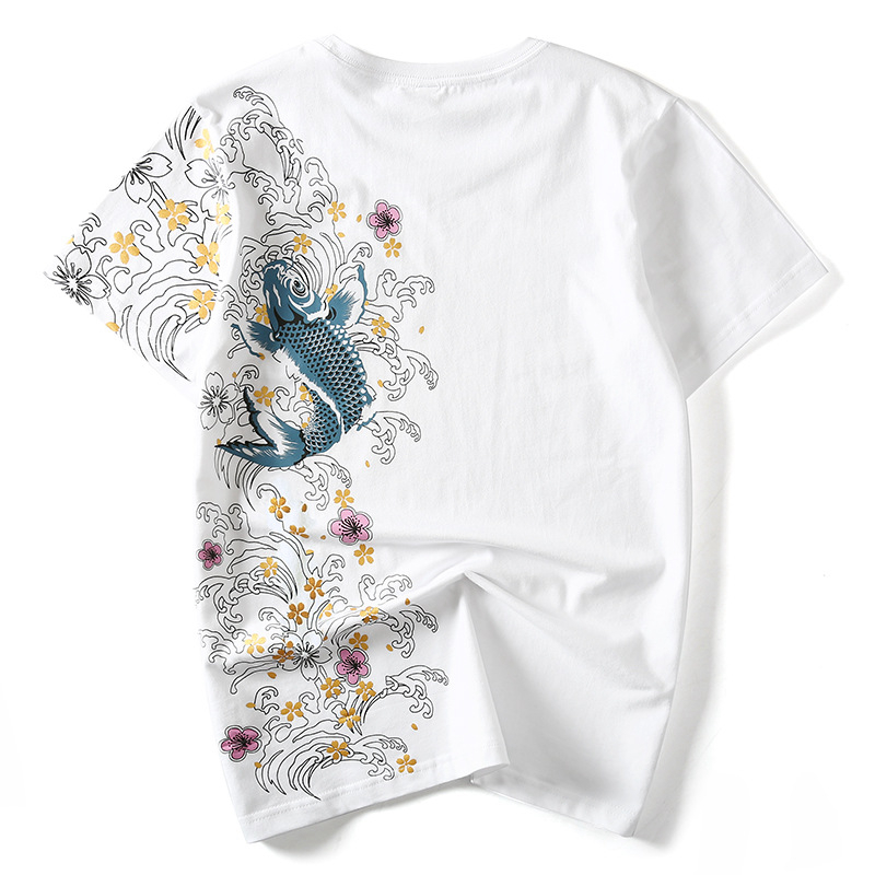

Print Embroidery T-Shirts Koi Fish White Tops Tees Summer Harajuku Men Hip Hop Tshirt Streetwear