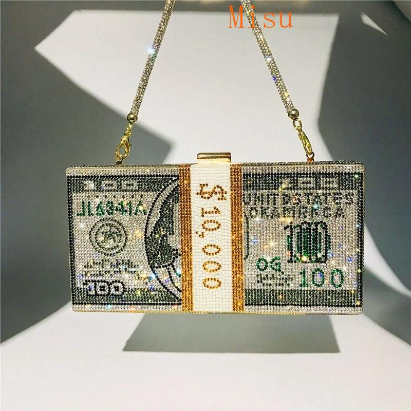 

Money Clutch Rhinestone Purse 10000 Dollars Stack Of Cash Evening Handbags Shoulder Wedding Dinner Bag 8 Color Bags, Pink
