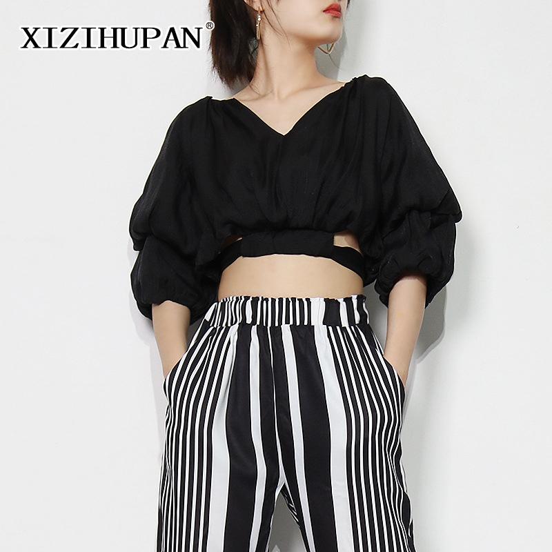 

Women' Blouses & Shirts XIZIHUPAN Black Hollow Out Shirt For Women V Neck Puff Short Sleeve Lace Up Bowknot Female Summer Fashion 2021 Styl, White