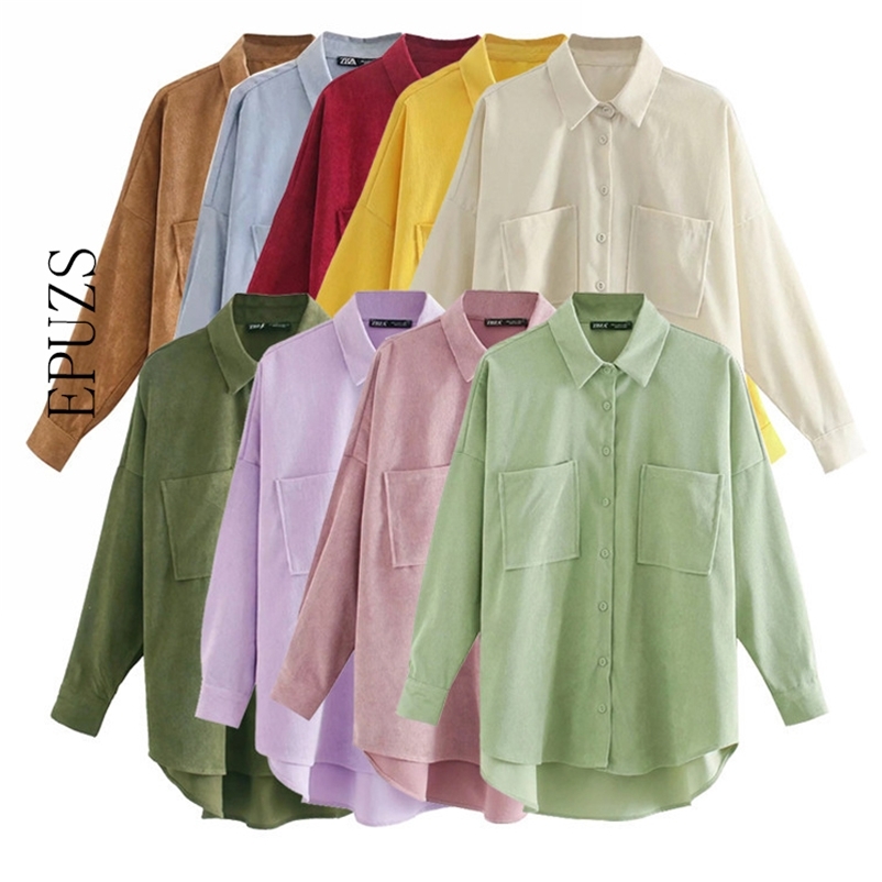 

fashion purple Corduroy Shirts women Oversized blouse Vintage Long Sleeve ZA elegantes plus size tops 210521, Pink