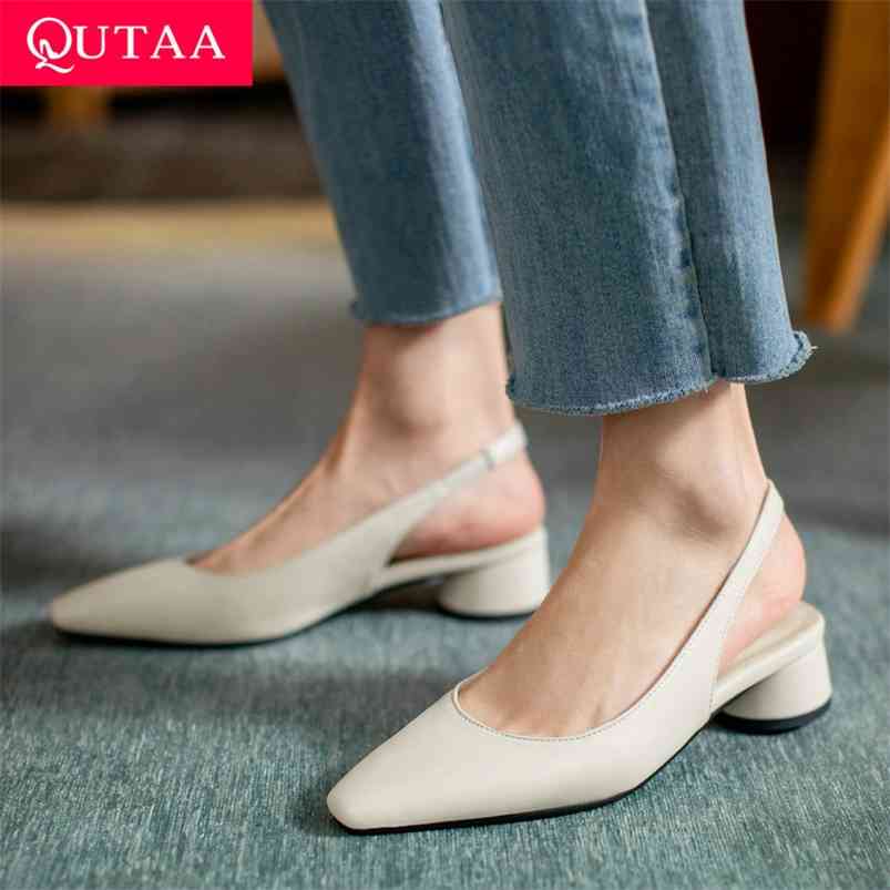 

QUTAA Square Med Heel Back Strap Women Sandals Microfiber Summer Ladies Pumps Pointed Toe Concise Female Shoes Size -43 210521, Beige