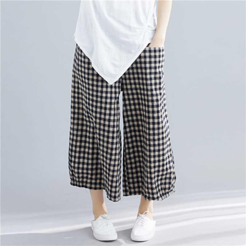 

Spring Autumn Arts Style Women Elastic Waist Ankle-length Loose Pants All-matched Casual Plaid Wide Leg Pants Big Size M620 210608, Red