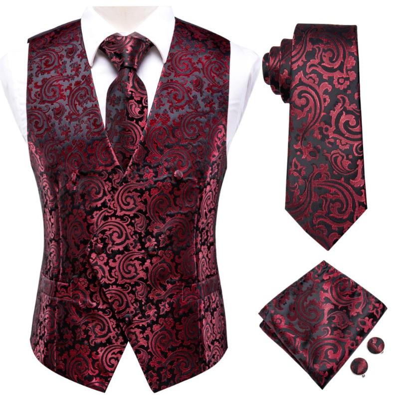 

Men' Vests Hi-Tie Burgundy Black Floral Silk Mens Slim Waistcoat Necktie Set For Suit Dress Wedding 4PCS Vest Hanky Cufflink, Mj-0051