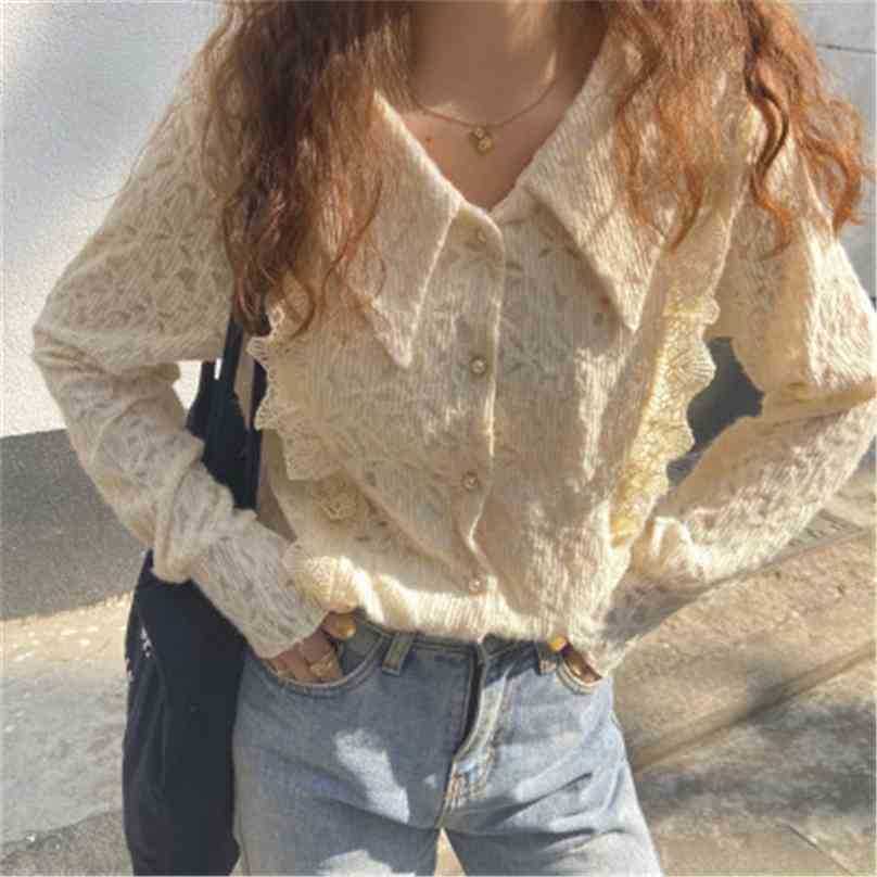 

Vintage Chic Gentle Lace Elegance OL Arrival Women All Match Sweet Lady Clothe Retro Brief Stylish Blouses 210525, White