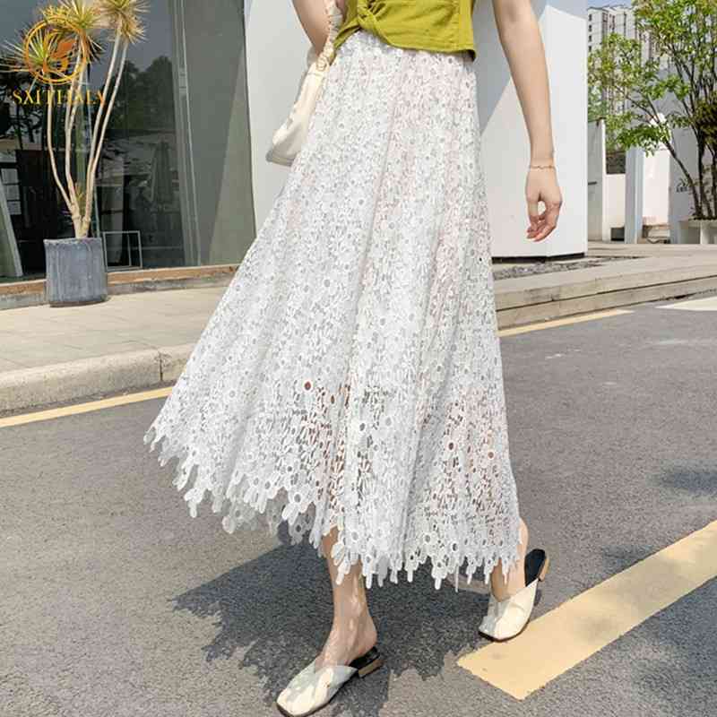 

Women's Lace Black White Midi Ladies Skirt Korean Elastic Waist Asymmetrical Long Faldas 210520, Photo color