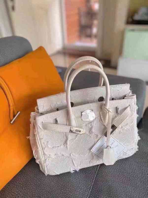 

Stitched Niche Handbag Birkin Emotional Denim Canvas World Bag Large, Beige