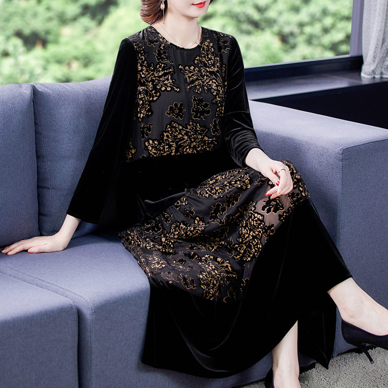 

jacquard patchwork velvet dress vintage spring and autumn womens long sleeve elegant fashion korean style clothes elbise y534, Black;gray