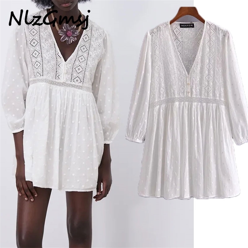 

Dres Fashion Hollow Embroidery Mini Short Woman Elegant Clothes Long Sleeve Casual es 03 210628, As picture