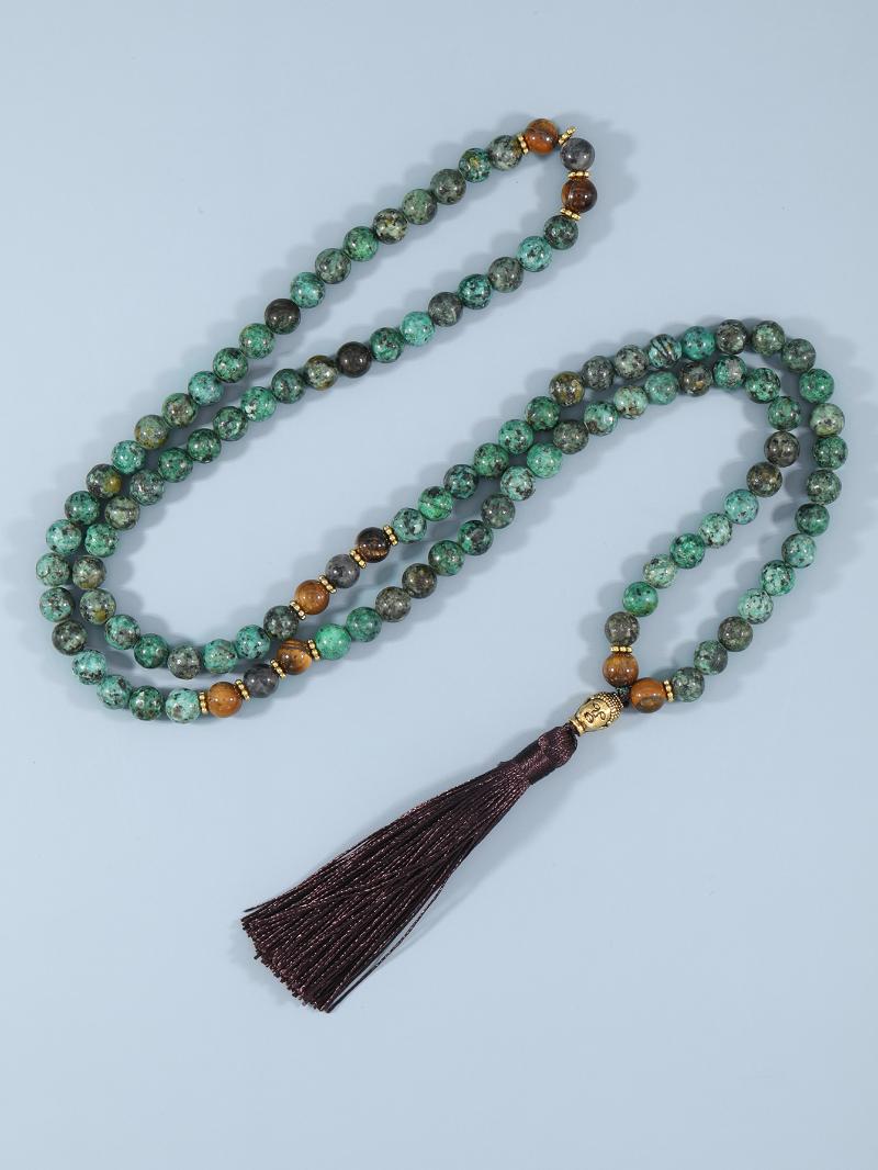 

Pendant Necklaces YUOKIAA Meditation Japamala Natural Stone Tiger Eye African Turquoise Necklace With Golden Buddha Head Yoga Mala Prayer, Silver
