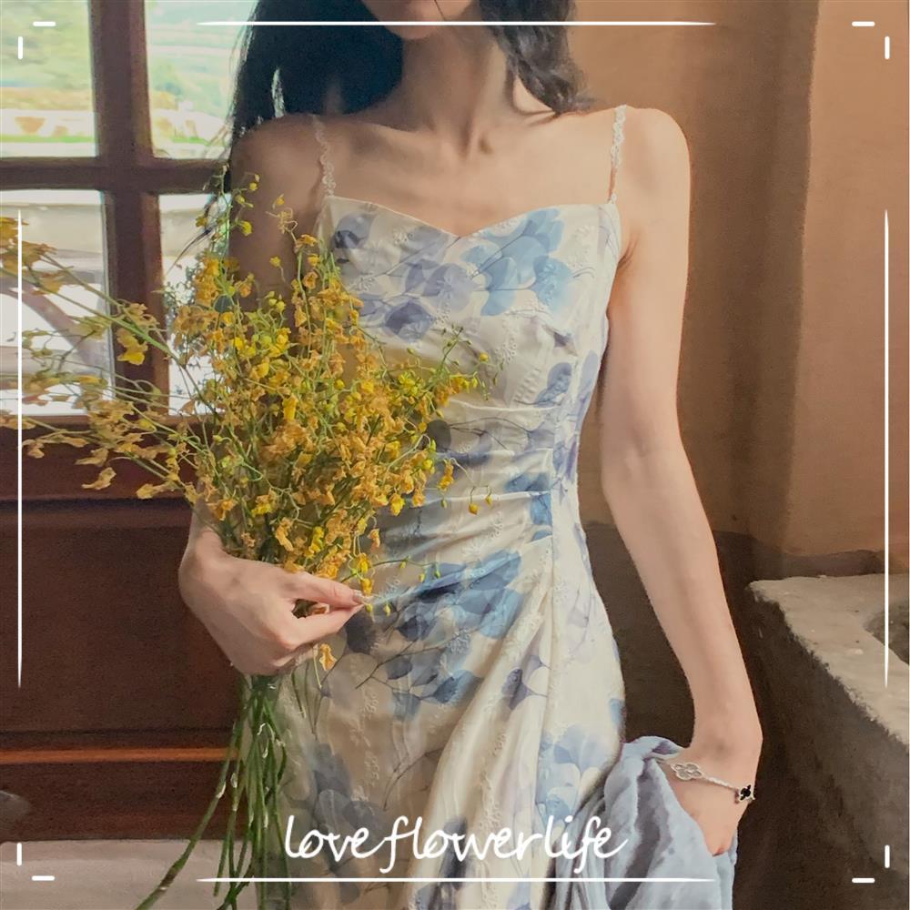 

Korean Style Elegant Floral Dress Women Long Sleeve Vintage Midi Dress Thin Slim Sexy Party Dress for Females Summer Chic 210521, Strap dress