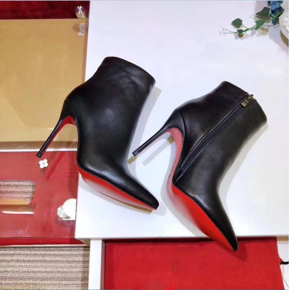 

[Original Box] Sexy Womens High Heels Shoes 100mm Boot Red Bottom Ankle Winter Real Leather Pumps Paris Boots Zip Wedding Shoe Size 35-42, Grey/spikes