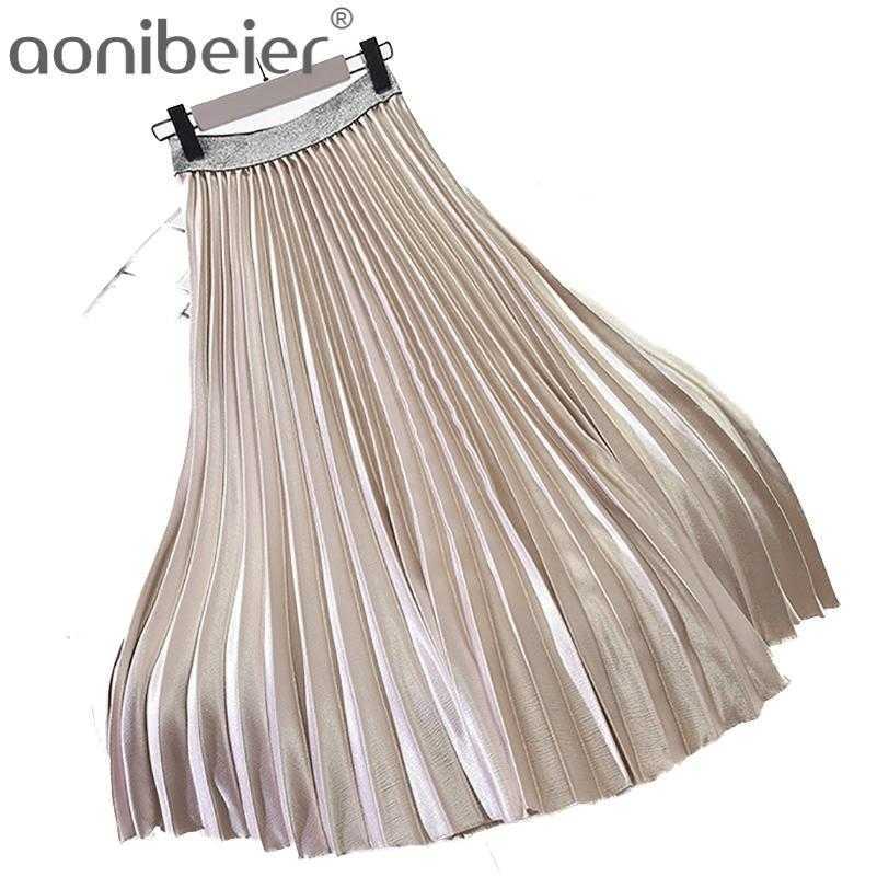 

Vintage Metallic Skirt Autumn Winter High Waist Midi Skirts Contrast Casual Women Pleated Multi Color 210604, Silver