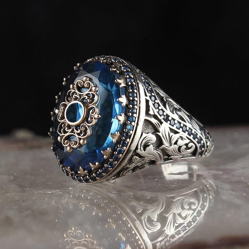

Wedding Rings Handmade Business Domineering Retro Turkish Ring Men Women Antique Silver Color Carved Inlaid Blue Zircon Biker Party Punk