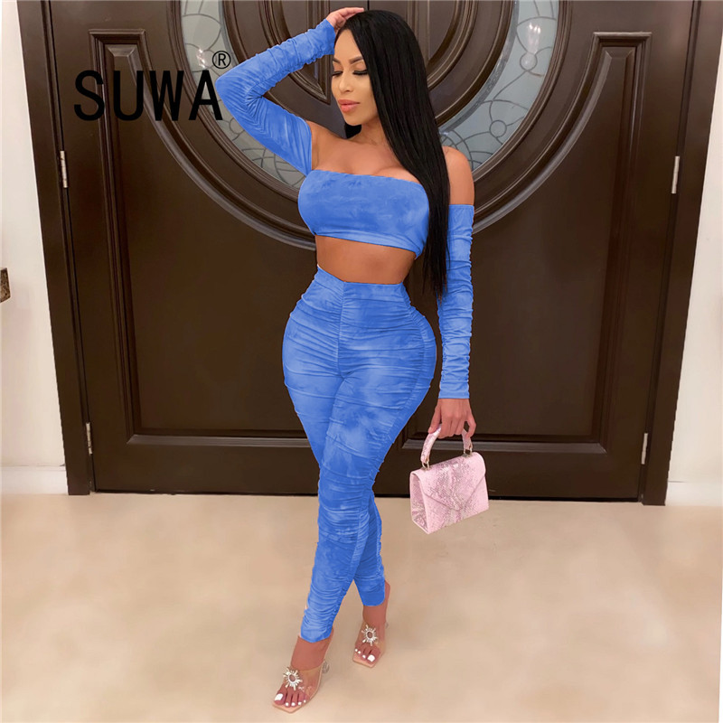 

Tie Dye Women Sets Clothes Tracksuit Long Sleeve Off Shoulder Crop Top Ruched Stacked Jogger Pants Suit Outfit 2pcs Matching Set 210525, Blue