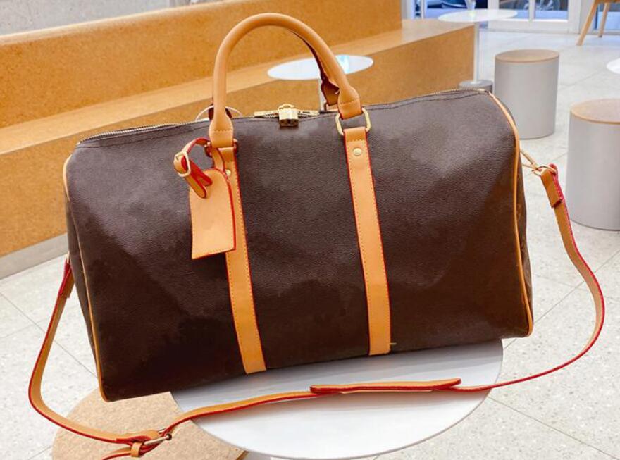 

Designer 54cm lock Large Capacity Women Men Travel Bags Famous Classical Shoulder Designers Duffel Bags Carry on Luggage Tote Handbags, Brown flowers