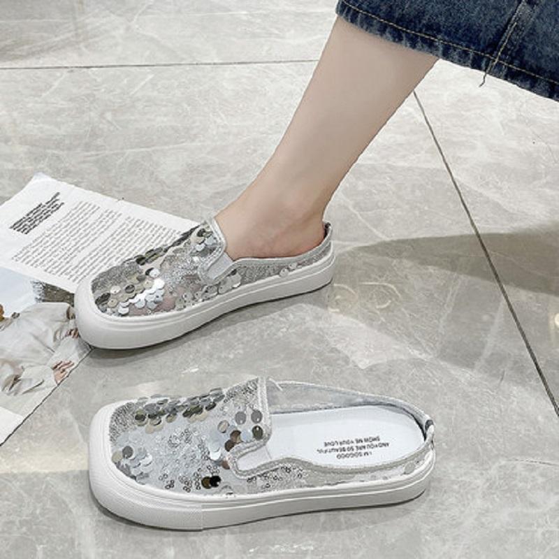 

Slippers Casual Fashion Square Head Sequined Flat Bottom Comfortable Ladies Baotou Half Summer Style Outer Wear., Black