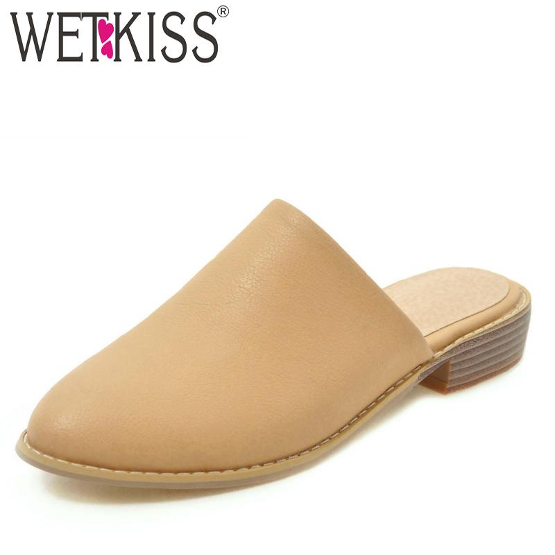 

Slippers WETKISS Thick Low Heels Woman Square Toe Footwear Pu Slides Shoes Female Mules Summer 2021 Plus Size 34-48, Black