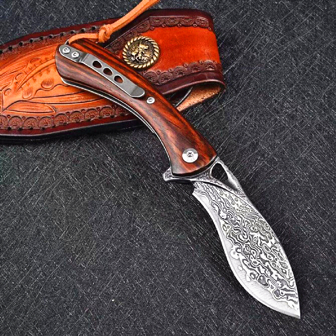 

Ex-factory Price Flipper Folding Knife VG10 Damascus Steel Blade Rosewood + Stainless Steels Handle EDC Pocket Knives With Leather Sheath