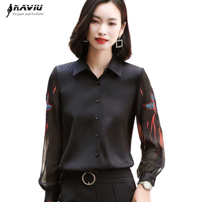 

Embroidered Silk Shirt Women Long Sleeve Design Temperament Fashion Black High-End Blouses Office Ladies Formal Work Tops 210604