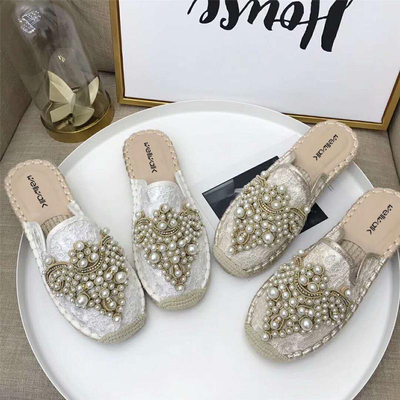 

Slippers Luxury Women Mules Shoes Crystals Slides Fashion Flat Sandals Brand Ladies Design Elegant Lace, Black