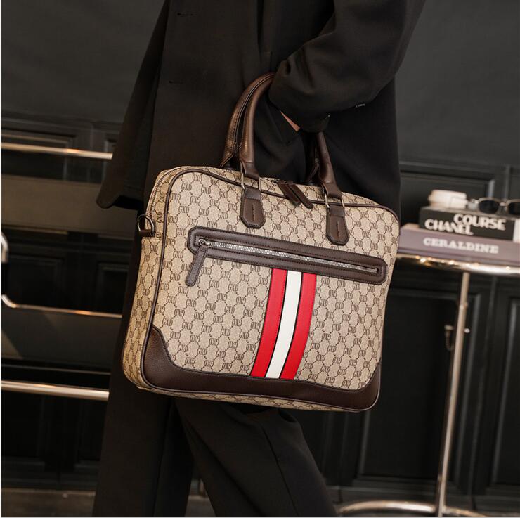 

Factory wholesale men handbag fashion plaid business briefcase England Style color matching striped shoulder bag Joker casual leather computer bags, Black-4079