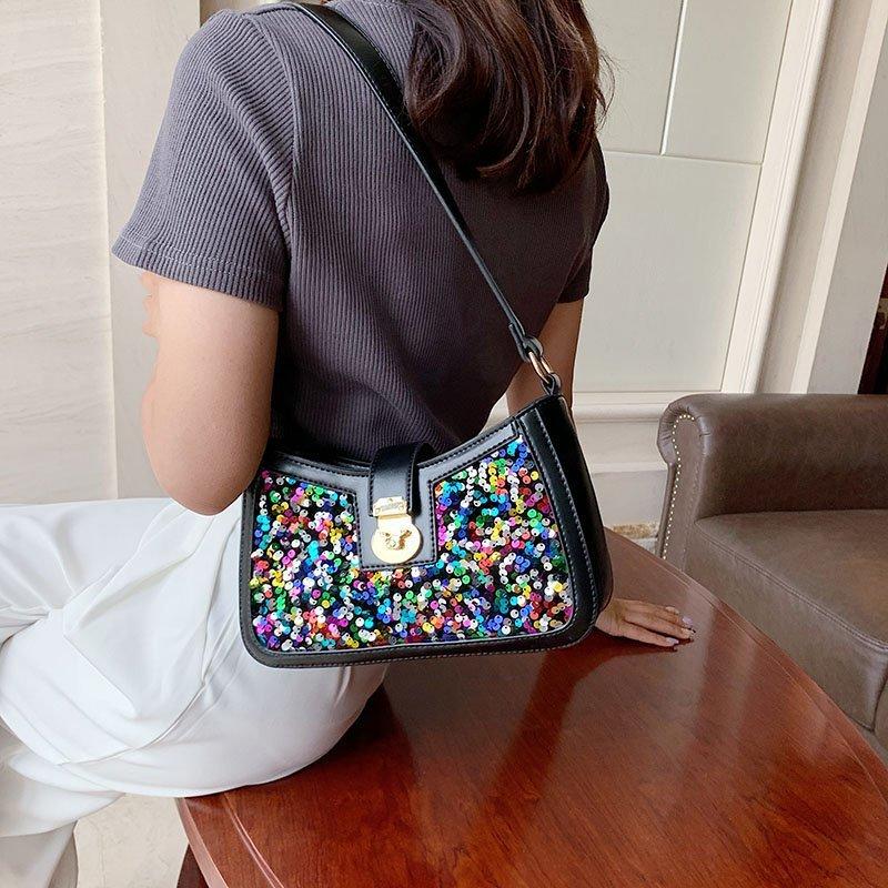 

Brand 2021 Bag Female Fashion Sequin Lock Armpit Vintage Shoulder Bags Handbags Designer Luxury, Black