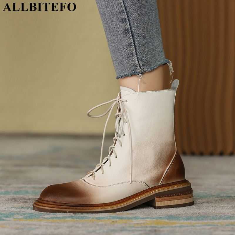 

ALLBITEFO size 34-42 natural genuine leather women boots fashion winter autumn motocycle boots women ankle boots high heel shoes 210611, No plush inside
