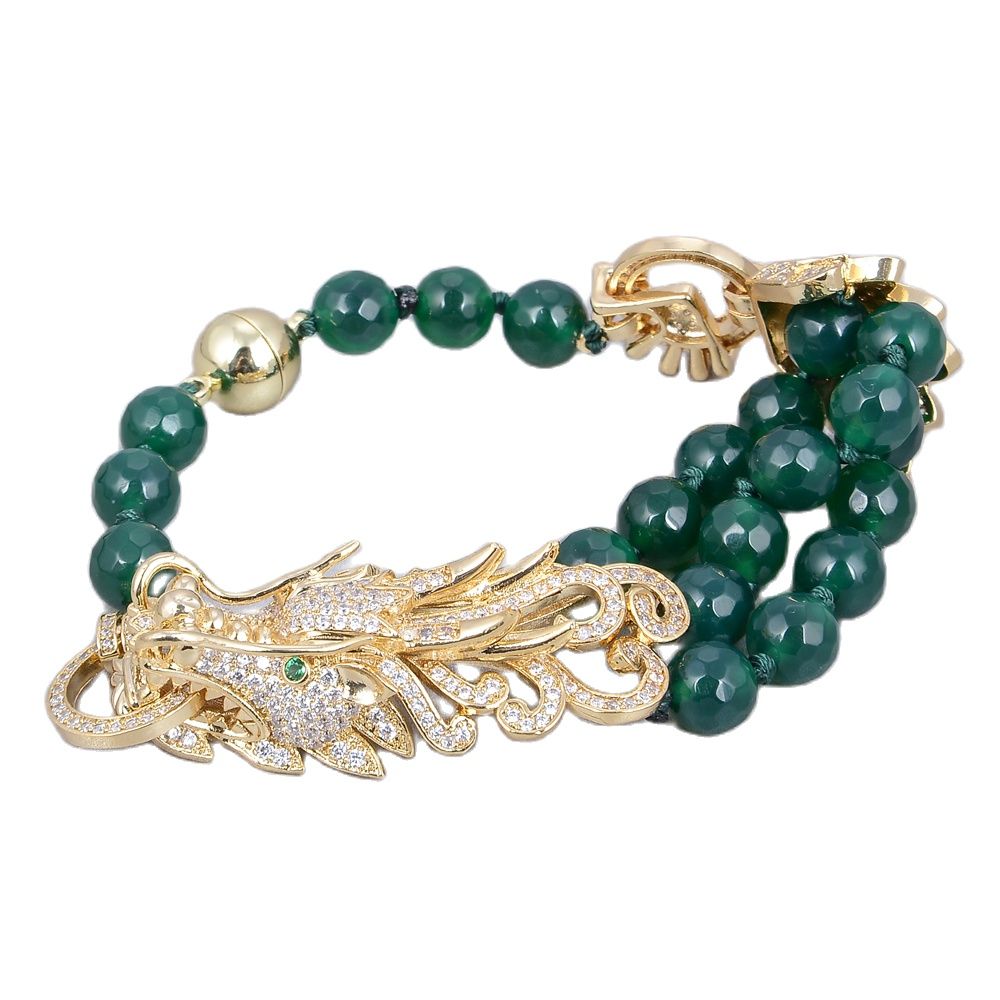 

GuaiGuai Jewelry Natural 8mm Round Faceted Green Agates Paved Dragon CZ Connector Bracelet For Women Lady Jewelry