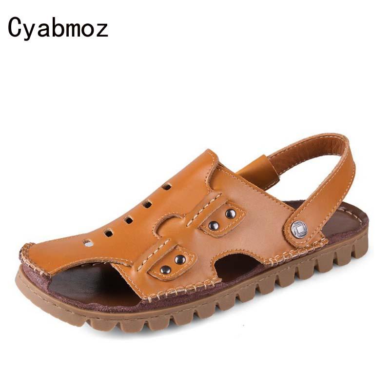 

Sandals Cyabmoz Arrival Closed Toe Beach For Men Handmade Genuine Leather Summer Shoes Male Retro Sewing Classics Slippers, Black