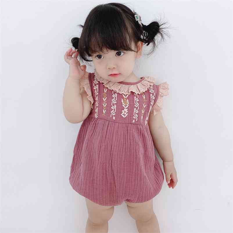 

Baby Cotton Linen Rompers Girl Summer Embroidery Jumpsuit Children Boutique Designer Clothes for born Infant Spanish Clothing 210615, Beige romper