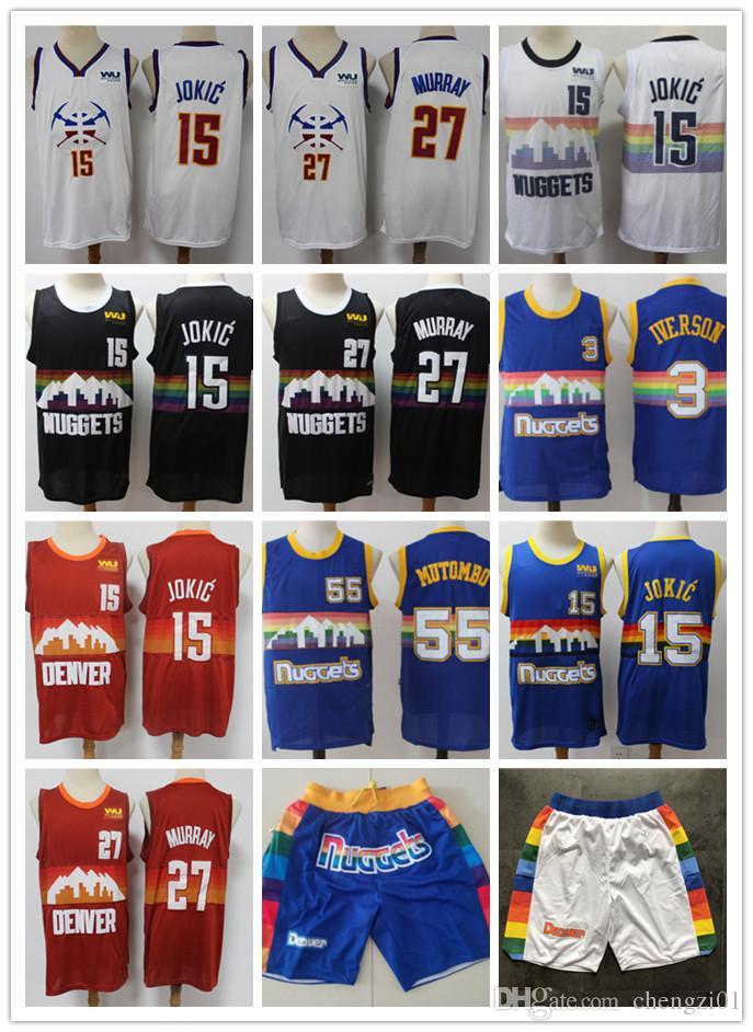 

2021 Mens Denver Nuggets Throwback Dikembe 55 Mutombo Allen 3 Iverson Nikola 15 Jokic Jamal 27 Murray Basketball Jer, Black;red