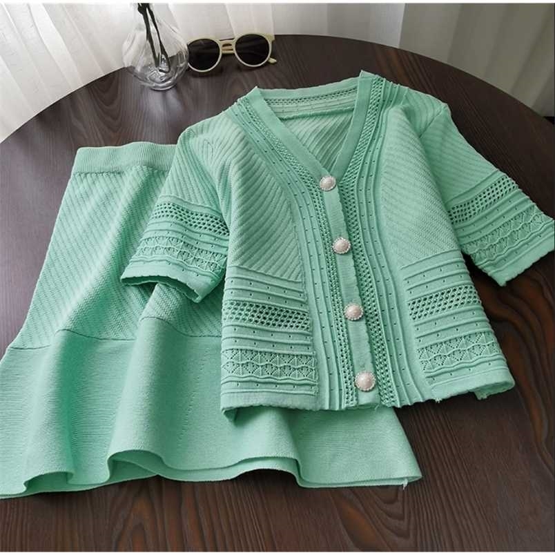 

Women 2 Piece Set French Retro Suit Summer Short-Sleeved Knitted Sweater Top mermaid Skirt Ladies Casual 211109, Fuchsia