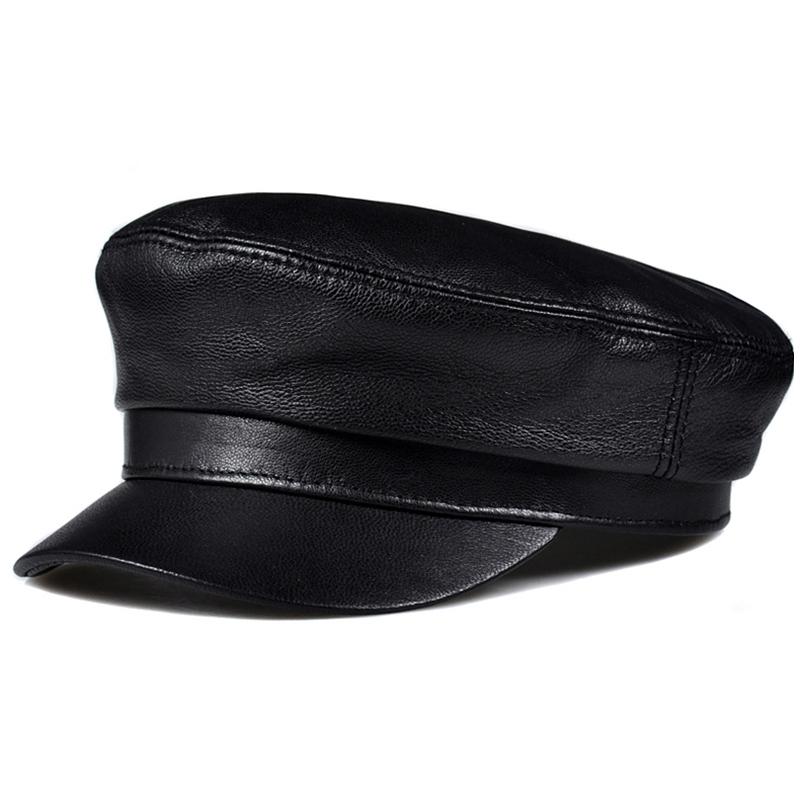 

Real Leather Cap Men's Flat Caps Genuine Men Army Military Hat Fashion Brands Sheepskin Old Hats Wide Brim, Black