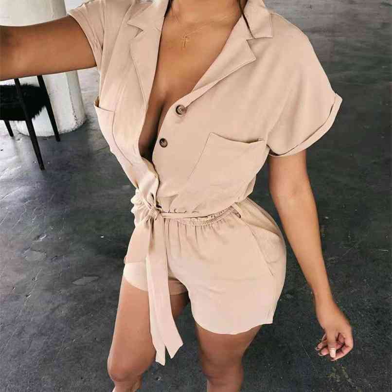

Summer Women Lace-up Playsuit Sexy V Neck Short Jumpsuits Casual Loose Female Beach Holiday Rompers Korean Style 210525, Khaki