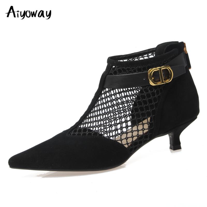 

Boots Aiyoway 2021 Design Hollow Mesh Woman Summer Pointed Toe Low Heel Back Zipper Party Shoes Black Big Size 34-43