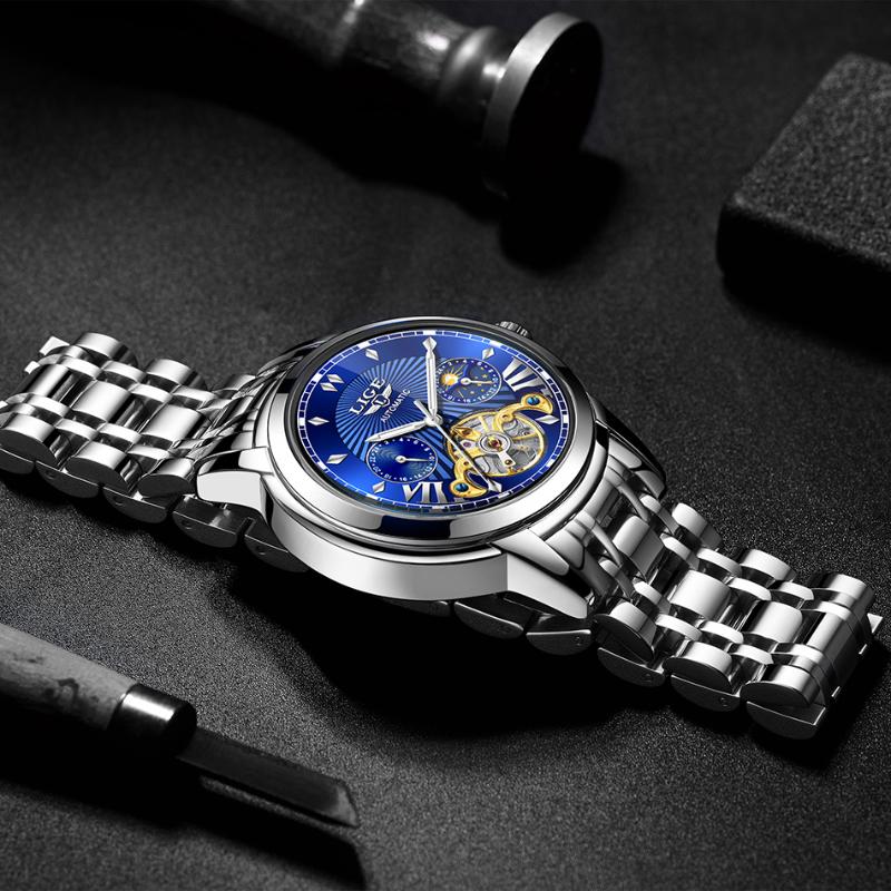 

Relogio Masculino LIGE Gift Mens Watches Fashion Tourbillon Automatic Mechanical Watch Men Stainless Steel Watc Wristwatches, Gold black