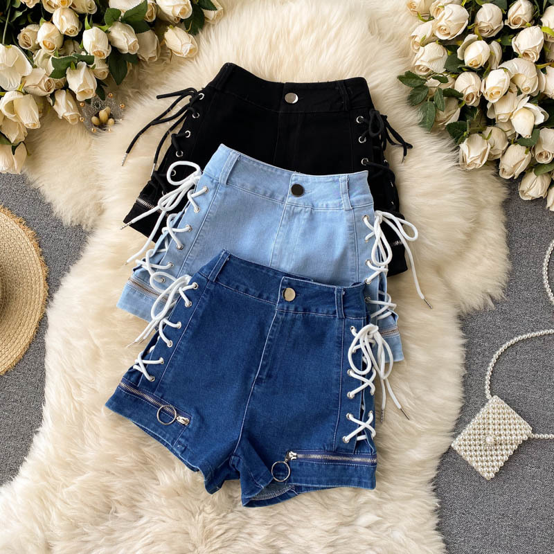 

Spring Arrivals Solid Color High Waist Bandage Pocket Casual Wide Leg Shorts MZ705 210525, Black