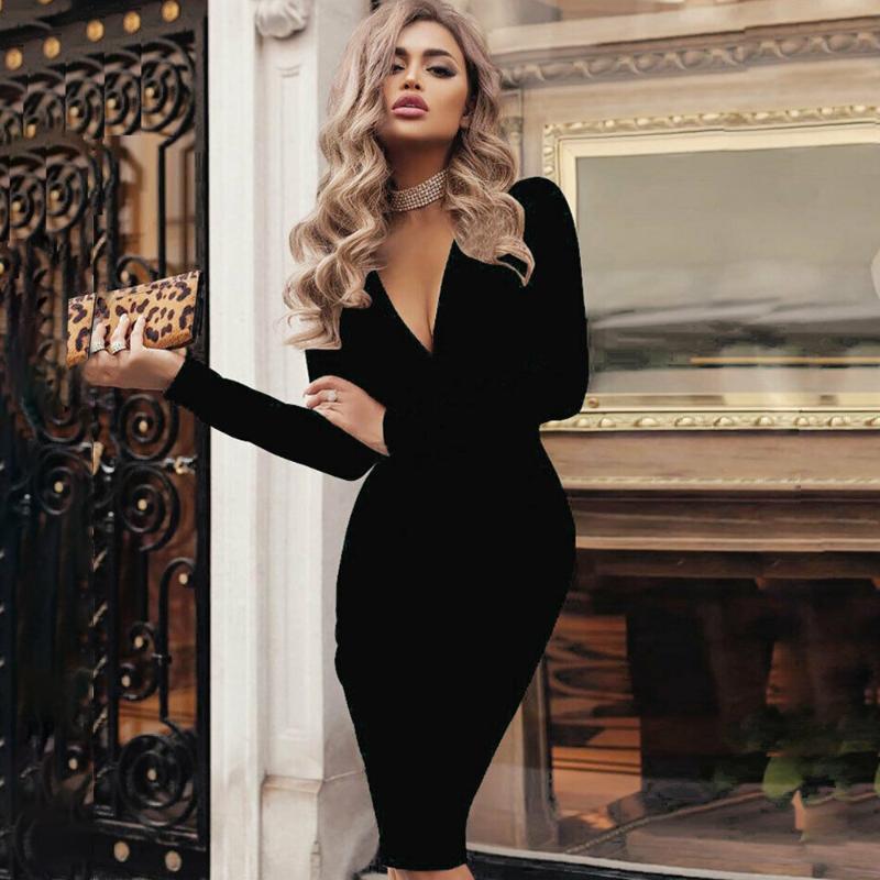 

Casual Dresses For Women Sexy Deep V Long Sleeve Bodycon Midi Dress Office Lady Pencil Party Club Evening Elegant Vestidos, Black