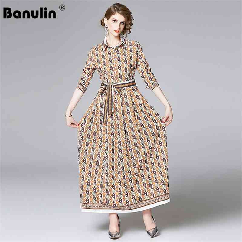 

Banulin Autumn Fashion Runway Designer Maxi Dress Women's Long Sleeve Bow Belt Chain Pattern Vintage Print 210603, As picture