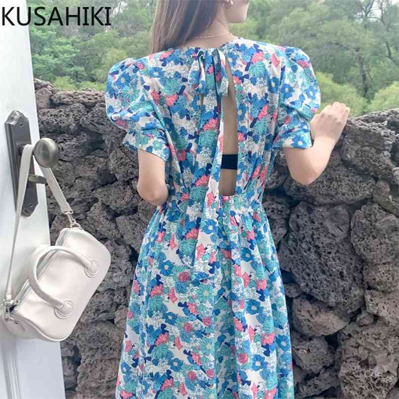 

Sweet O-neck Puff Sleeve Floral Dresses Korean Bwo Tie Backless Vestidos Femme Summer Elegant Woman Dress 6J602 210603, Photo color