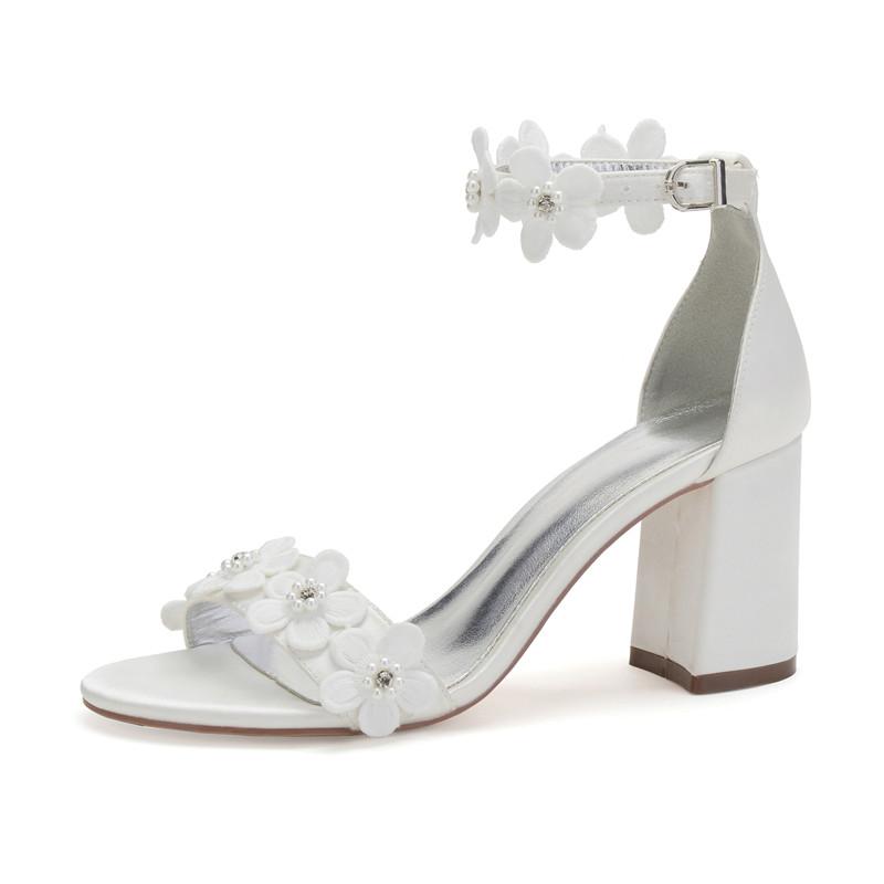 

Dress Shoes Pearls Flowers Satin Block Heel Wedding Sandals For Bride Open Toe Ankle Strap Bridal Party Heels Summer, Ivory