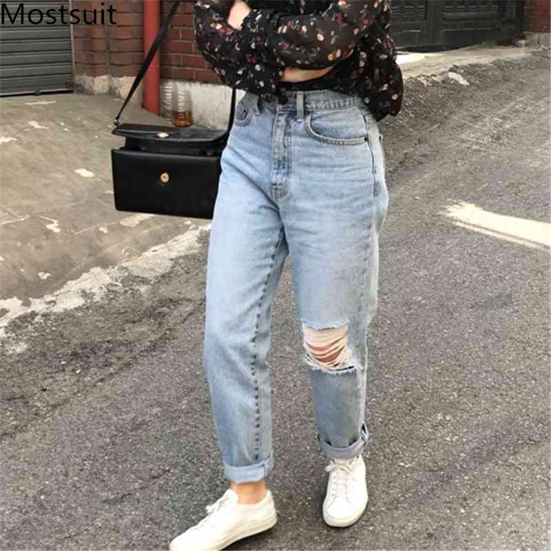 

Blue Koean Fashion Women Ripped Denim Jeans Pants Buttons Fly Solid Loose Female Trousers Femme 210518