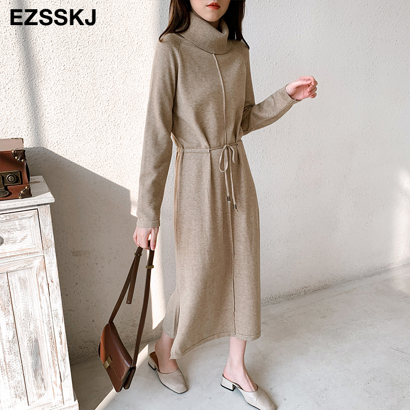 

autumn winter Women turtleneck loose long Sweater dress robe Knitted Sweaters Drawstring dress Female oversize maxi dress, Beige