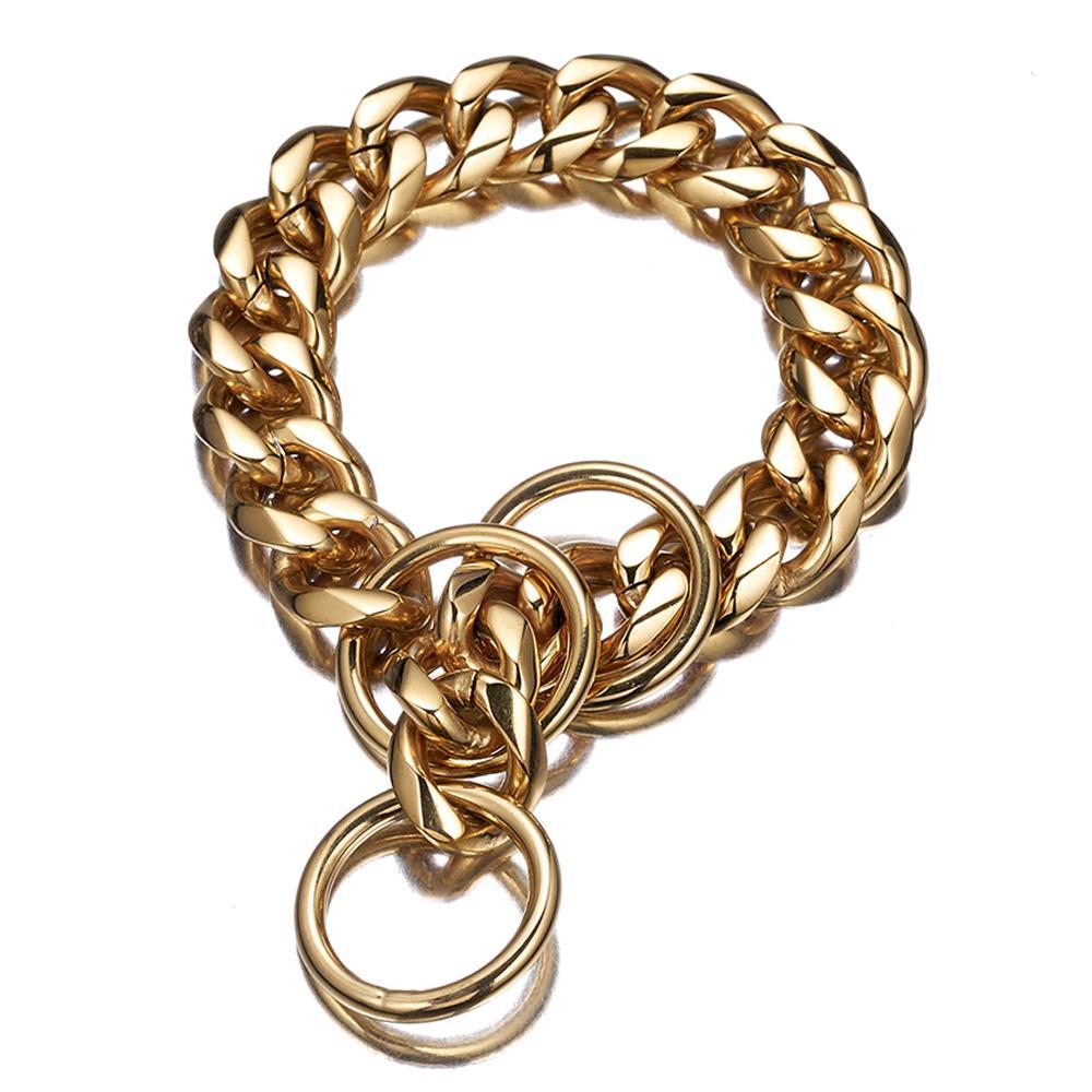 

12-36 13/15/19mm Wide Heavy 316L StainlSteel Gold Tone Cuban Curb Link Training Choke Chain Pet Dog Collar For Big Dog X0509