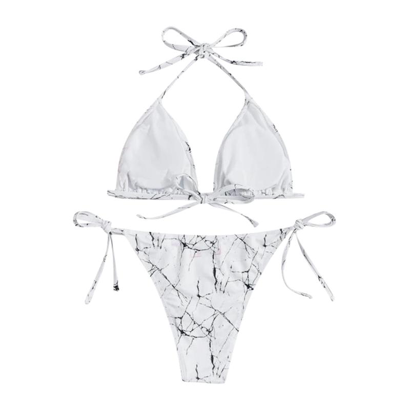 

Women' Swimwear Woman Solid Lace Halter Bikini Set Push Up Swimsuit Marble Pattern Beachwear Padded Bathing Suit Traje De Bano, White