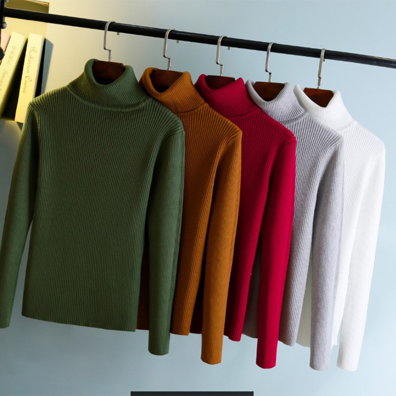 

Autumn Winter Solid Color Knit Sweater Women's Pullover Fashion Turtleneck Bottoming Shirt Long Sleeve Slim Tops 210520, Gray