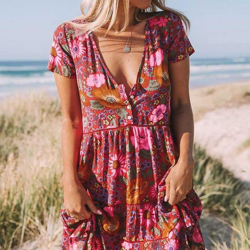 

Fitshinling 2021 Summer Dress Women Print Floral Slim Robe Bohemian Vintage Short Sleeve Vestidos Femme Sexy Holiday Pareos New