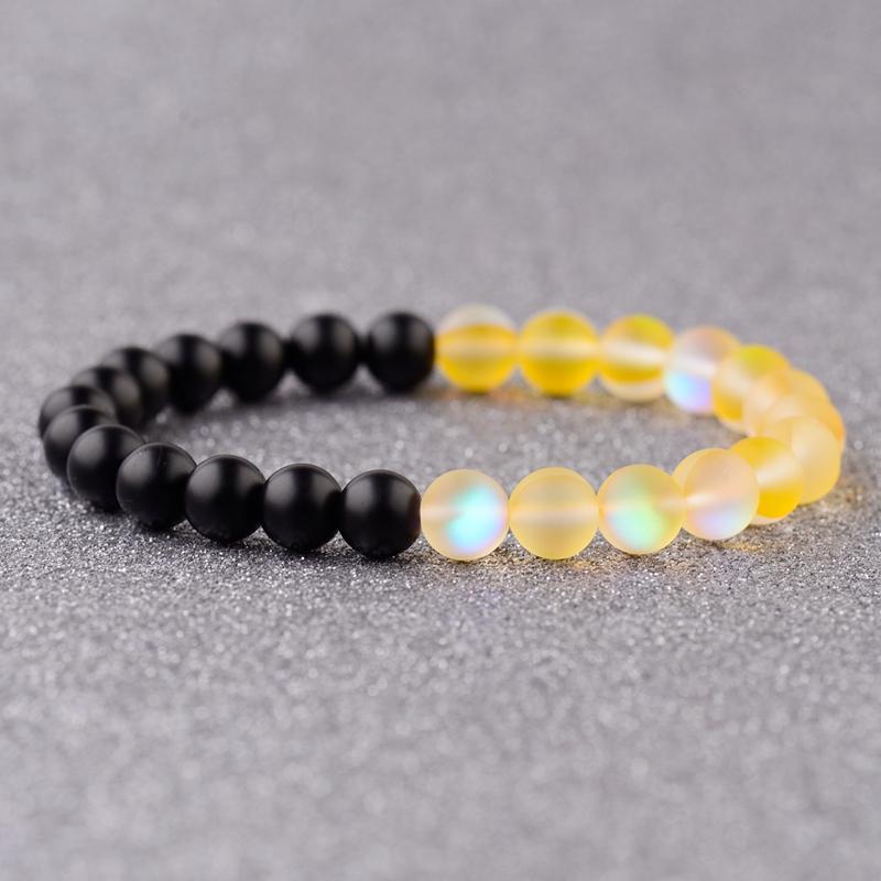 

Beaded, Strands Amader Vintage Yellow Glitter MoonStone&Black Stone Beads Bracelet Men Yinyang Prayer Elastic Bracelets For Women AB316