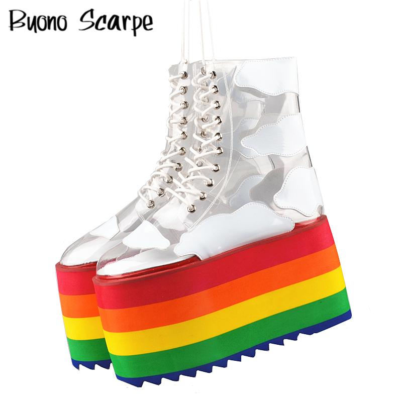

Boots Rainbow Platform Clouds Skies Short Booties Costumes High Heel PVC Shoes Cake Bottoms Cute Ankle Botas Mujer Mixed, Black
